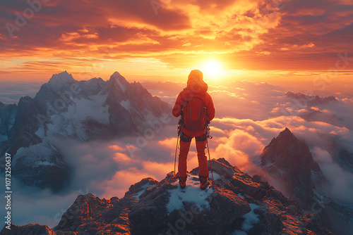 A person climbing a mountain peak at sunrise, symbolizing motivation, achievement, and reaching goals, set against a beautiful natural landscape, inspiring determination and perseverance. 