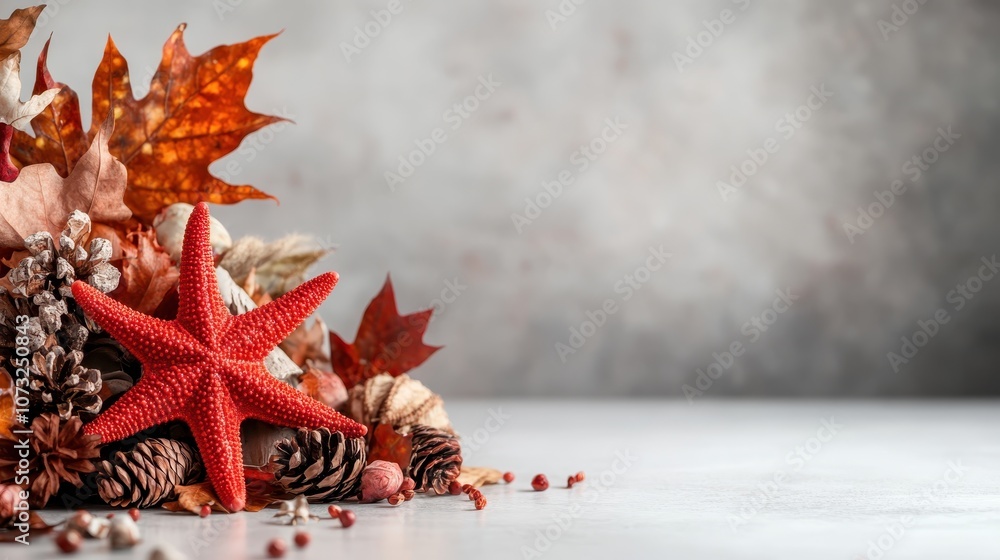 A striking image of a red starfish amid autumn leaves and dry pinecones, presenting a creative juxtaposition of marine and terrestrial natural elements.