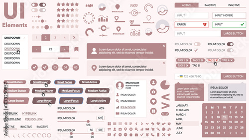Modern UI kit featuring a collection of essential buttons, icons, and navigation elements for websites and mobile apps. Ideal for responsive design and dashboards.