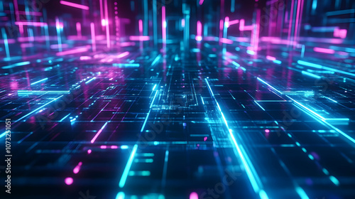 A glowing blue and red circuit board with dynamic components  symbolizing futuristic technology and high-tech energy flow.