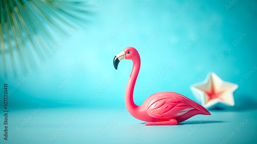 Fototapeta premium Pink Flamingo Figurine on Blue Background with Palm Leaf Shadow and White Star
