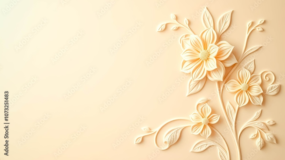 Delicate Floral Embellishment A 3D Rendering of Intricately Carved Flowers with Elegant Curving Stems and Lush Leaves on a Soft Peach Background Delicate Floral Embellishment A 3D Rendering of Intricately Carved Flowers with Elegant Curving Stems and Lush Leaves on a Soft Peach Background