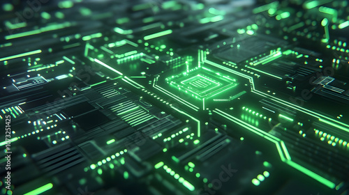 A detailed glowing green circuit board with illuminated pathways, symbolizing advanced electronics and futuristic connectivity.