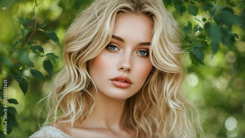 Portrait of a beautiful fashion model blonde girl in the nature with makeup and hairstyle against the background of green birches trees Portrait of a beautiful fashion model blonde girl in the nature with makeup and hairstyle against the background of green birches trees