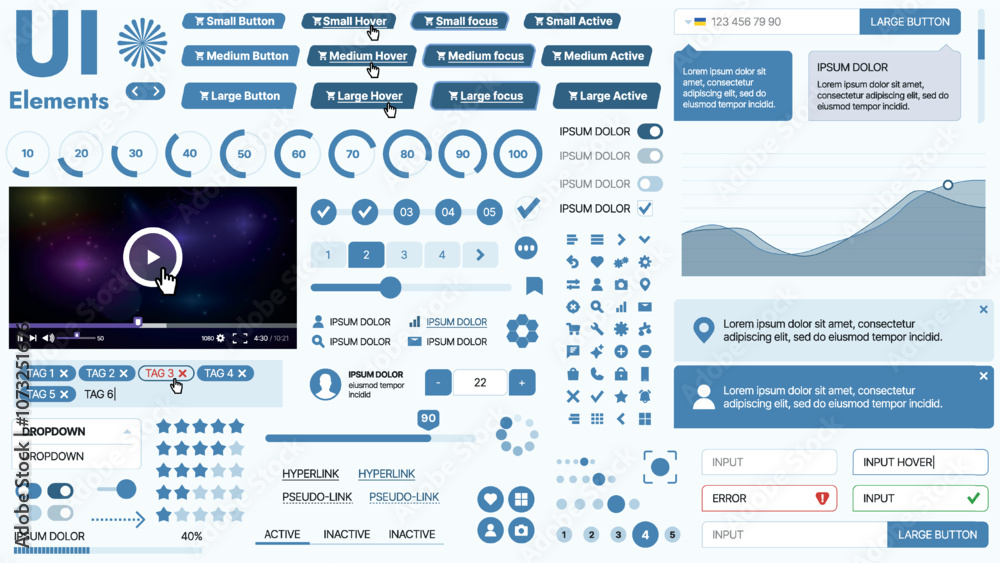 Modern UI kit featuring a collection of essential buttons, icons, and navigation elements for websites and mobile apps. Ideal for responsive design and dashboards.
