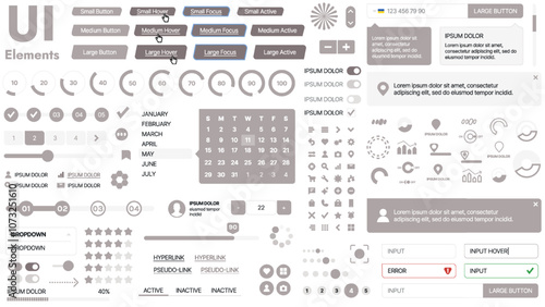 Modern UI kit featuring a collection of essential buttons, icons, and navigation elements for websites and mobile apps. Ideal for responsive design and dashboards.
