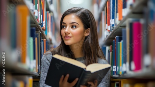 A young woman reads a book in a library.