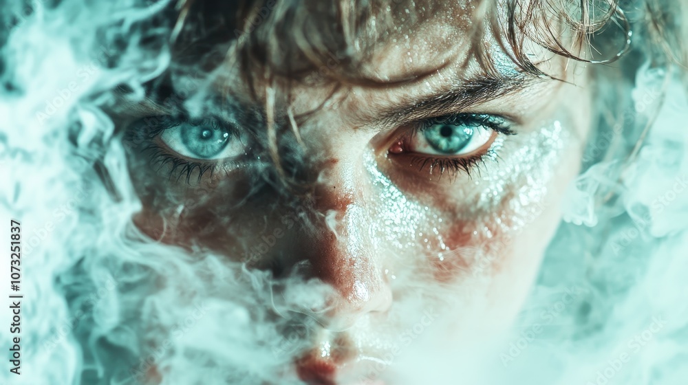 A close-up of a person's intense gaze piercing through swirling smoke, their face glistening, evoking a sense of mystery and ethereal wonder in this captivating shot. A close-up of a person's intense gaze piercing through swirling smoke, their face glistening, evoking a sense of mystery and ethereal wonder in this captivating shot.