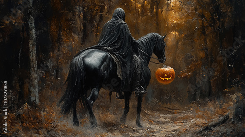 Headless horseman, without head, riding a black horse in a dark forest, holding a halloween pumpkin in the right hand, fall time, painting , dark academia art, oil painting, watercolor illustration.