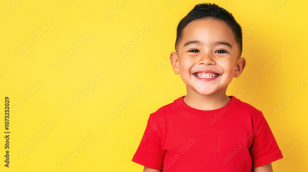 Smiling young boy in a red shirt against yellow background Smiling young boy in a red shirt against yellow background