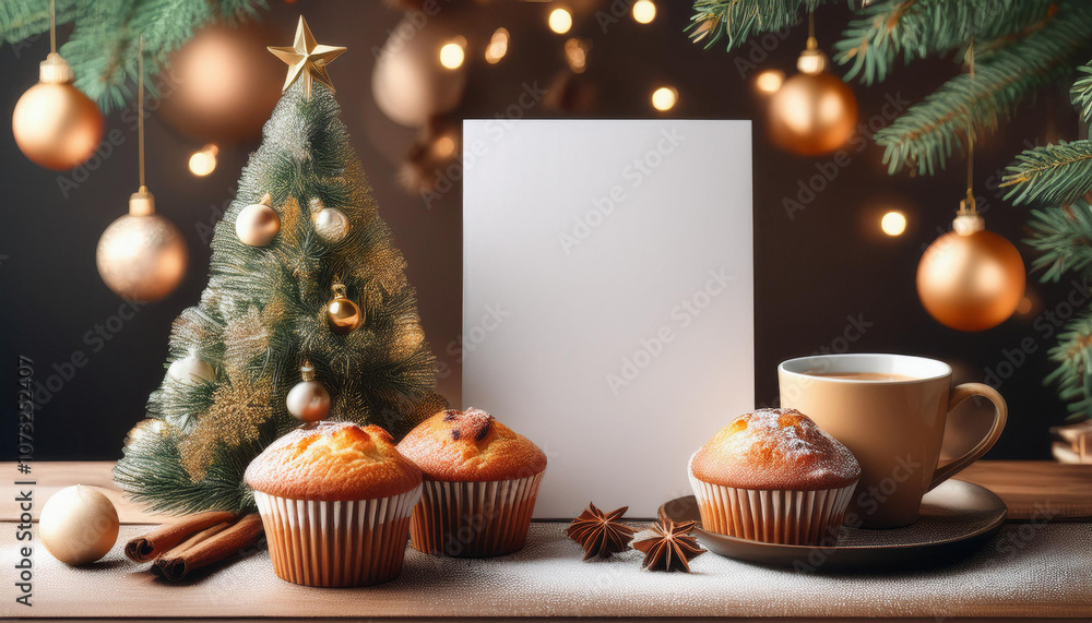Cup of coffee, a blank card and muffins with christmas tree on bokeh background Cup of coffee, a blank card and muffins with christmas tree on bokeh background