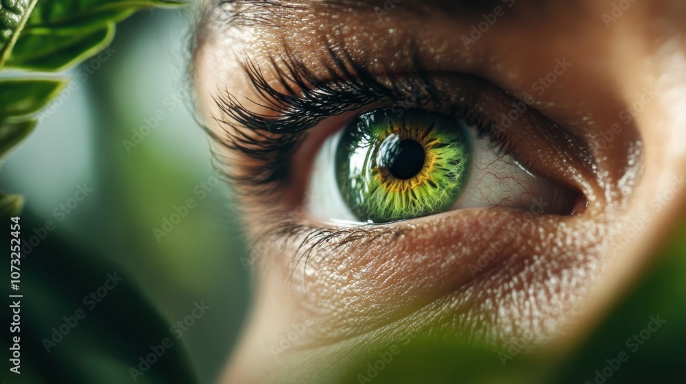 Fototapeta premium A striking image featuring a close-up view of a vibrant green eye peeking through lush green leaves, evoking a sense of mystery and connection with nature.