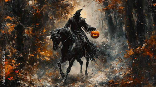 Headless horseman, without head, riding a black horse in a dark forest, holding a halloween pumpkin in the right hand, fall time, painting , dark academia art, oil painting, watercolor illustration.