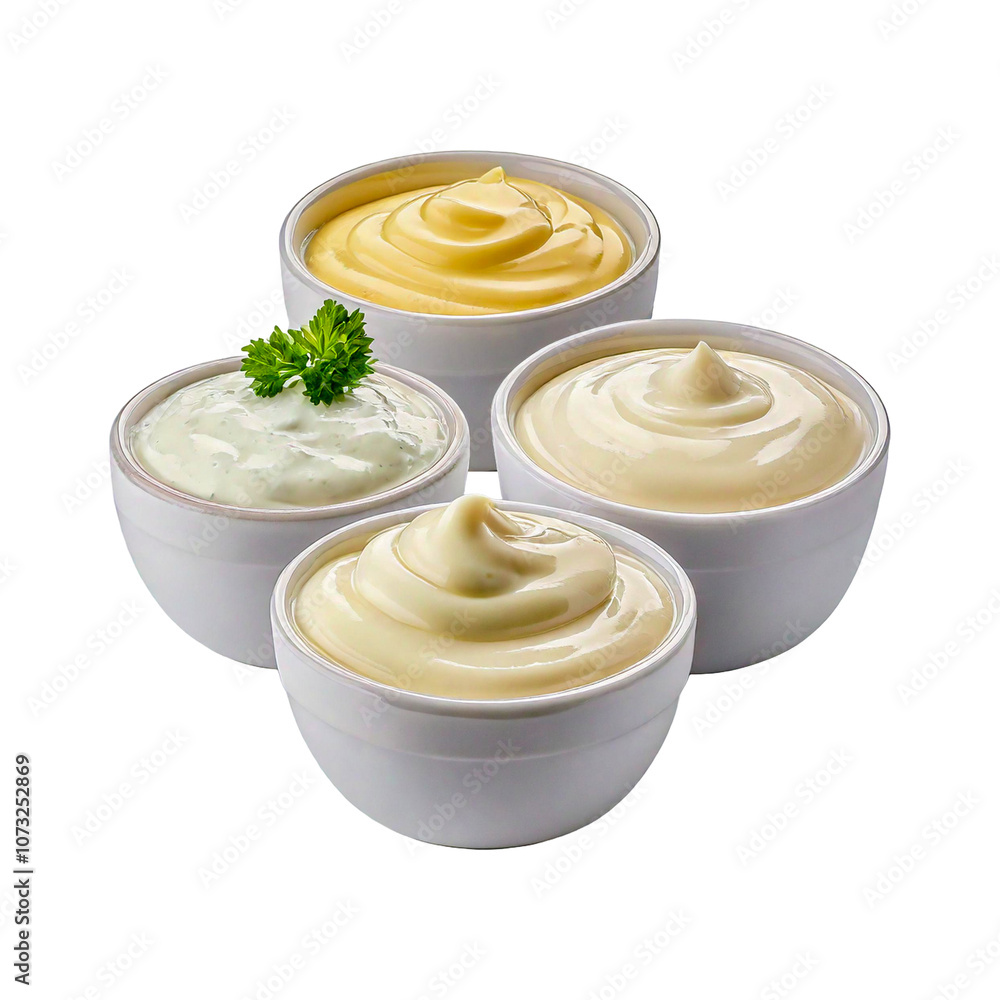 sour cream, mayonnaise, and yogurt in white bowls sour cream, mayonnaise, and yogurt in white bowls