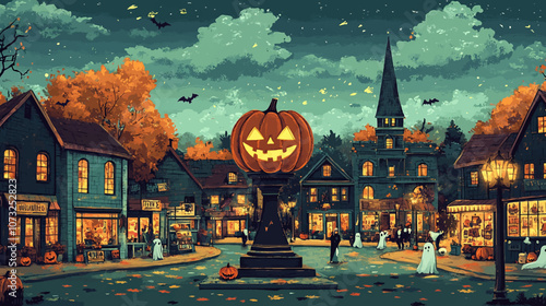Illustration of a halloween town in retro art style. ıt is an imaginary town of ghosts walking and shopping around. there can be a statue of a pumpkin in the middle of the town square.
