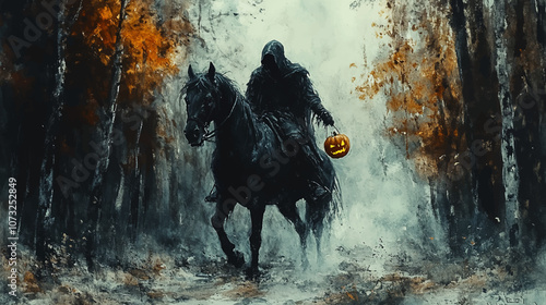 Headless horseman, without head, riding a black horse in a dark forest, holding a halloween pumpkin in the right hand, fall time, painting , dark academia art, oil painting, watercolor illustration.