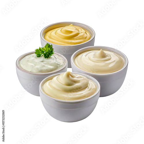 sour cream, mayonnaise, and yogurt in white bowls