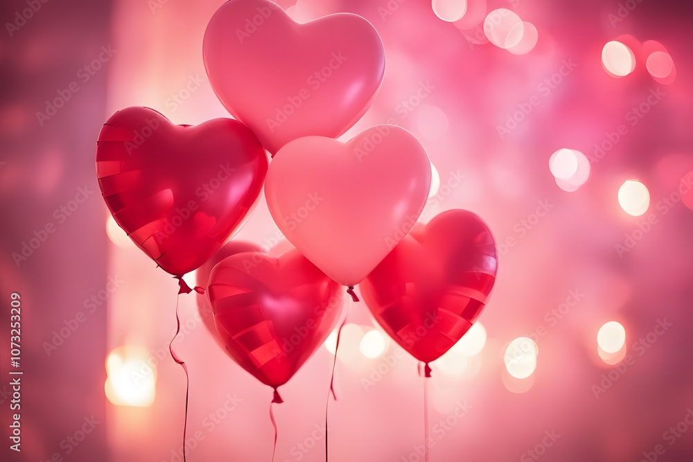 Heart-shaped balloons with soft pink and red bokeh lights in the background, Ai Generated Heart-shaped balloons with soft pink and red bokeh lights in the background, Ai Generated