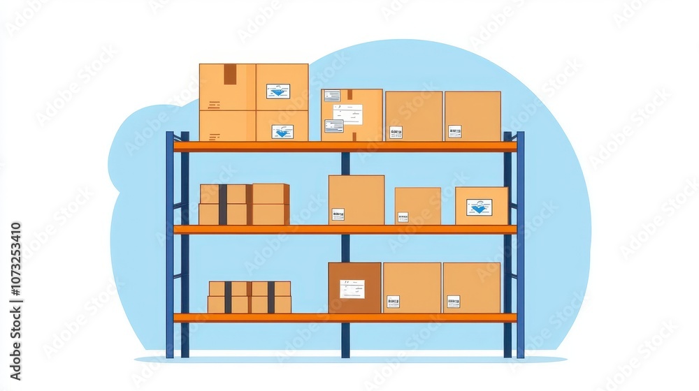 High shelves in warehouse with organized boxes, supply management focus, inventory planning scene High shelves in warehouse with organized boxes, supply management focus, inventory planning scene