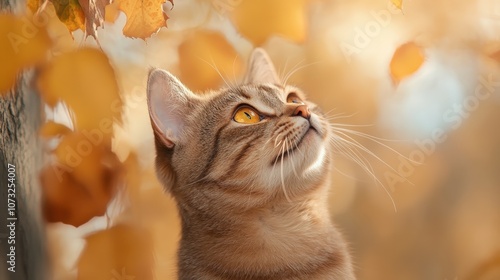 A cat with striking amber eyes peers upward at golden autumn leaves, bathed in warm sunlight, showcasing a serene moment filled with curiosity and natural beauty. photo