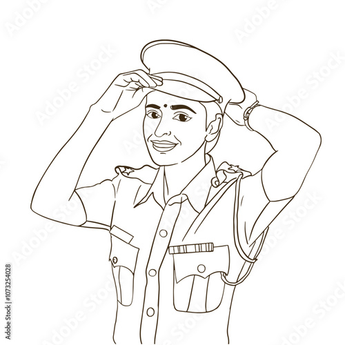 Outline of indian women police officer, posing for camera, smiling, wearing cap, Women empowerment