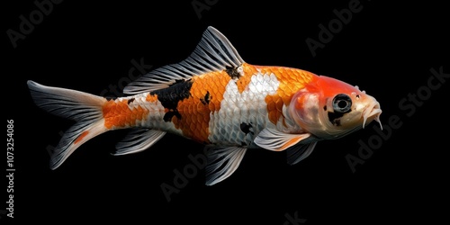 Koi Fish Elegance: A vibrant Koi fish, showcasing its intricate scales and elegant form against a stark black background.  A captivating study in aquatic beauty. 