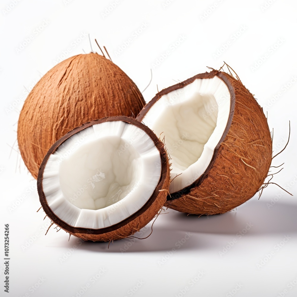 Fresh coconuts with shell and flesh on white background Fresh coconuts with shell and flesh on white background