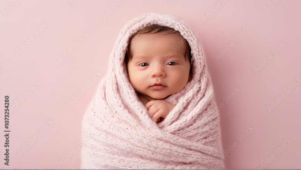 Cute newborn baby wrapped in a pink blanket on a pink background Cute newborn baby wrapped in a pink blanket on a pink background