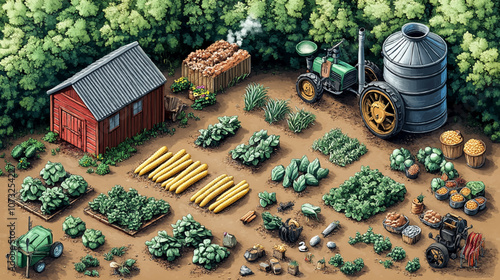 Isometric Modern biogas plant is an environmentally friendly clean, and cheap combustible gas produced from livestock manure and agricultural waste by microorganisms in an anaerobic environment