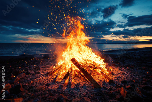 A vibrant bonfire illuminates the beach at twilight, with sparks flying under a dramatic sunset sky and a serene ocean backdrop. photo