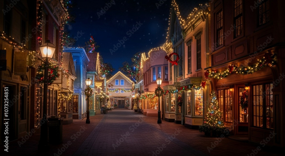 Fototapeta premium Charming holiday street adorned with festive lights and decorations at night