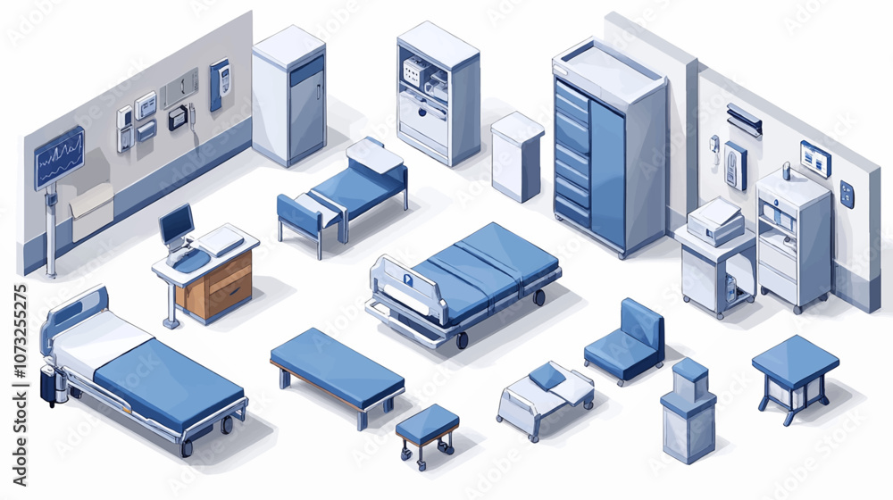 Hospital 3d isometric concept in outline design for web. People in isometric rooms waiting in clinic reception, doctors work at operating, MRI cabinet or laboratory department. Vector illustration. Hospital 3d isometric concept in outline design for web. People in isometric rooms waiting in clinic reception, doctors work at operating, MRI cabinet or laboratory department. Vector illustration.