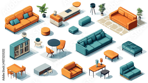Vector isometric home furniture set. Domestic and office furniture and equipment. Sofas, chairs, armchairs, tables, lamps, cabinets and stools.