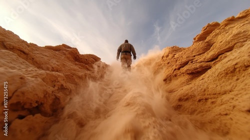 This image showcases a lone hiker ascending amidst swirling sand, climbing rugged cliff formations for a challenging adventure in a sun-drenched desert environment.