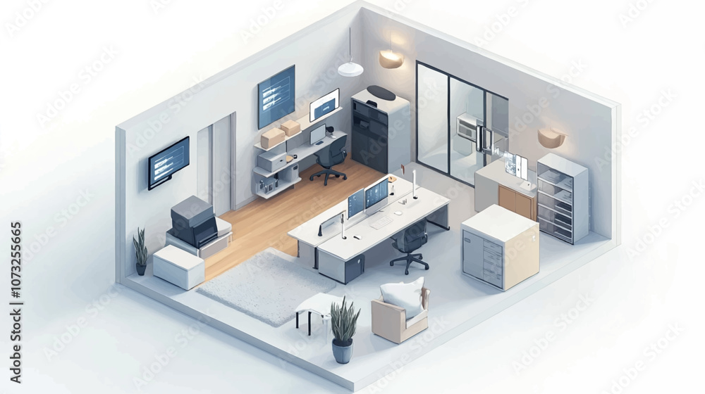 Isometric illustration of a smart office environment, highlighting the integration of modern technology and digital connectivity in workplace settings. Isometric illustration of a smart office environment, highlighting the integration of modern technology and digital connectivity in workplace settings.