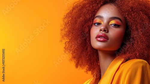 A vivid portrait featuring a woman enveloped in orange themed makeup and attire, set against a matching background, embodying creativity and vibrant self-expression. photo