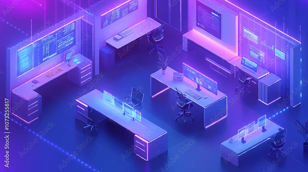 Isometric illustration of a smart office environment, highlighting the integration of modern technology and digital connectivity in workplace settings. Isometric illustration of a smart office environment, highlighting the integration of modern technology and digital connectivity in workplace settings.