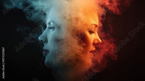 A mesmerizing image featuring two faces shrouded in dense smoke, blending cool blues and warm reds, capturing the duality of human emotions and thoughts.