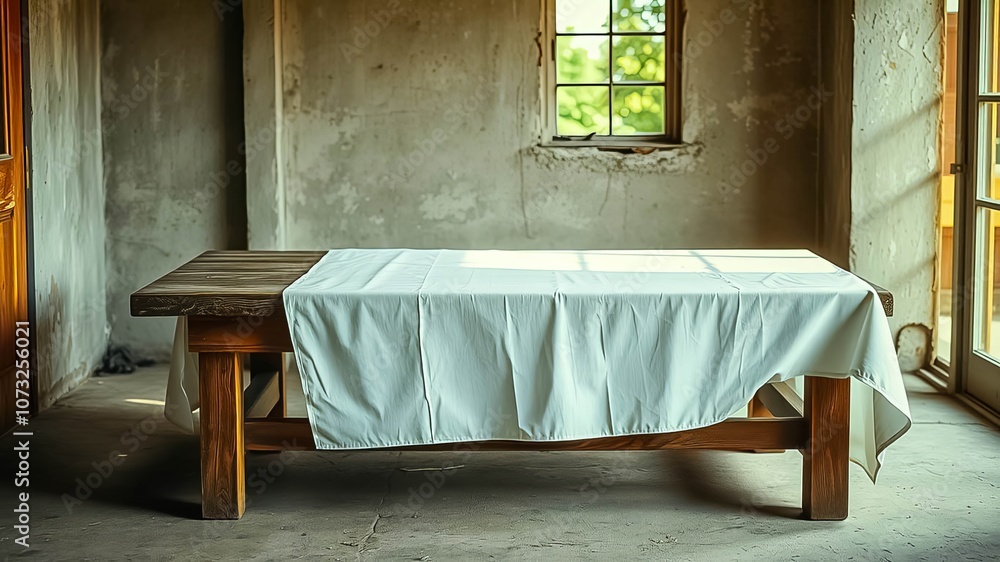 Rustic wooden table with a white tablecloth in a room with a window and textured walls