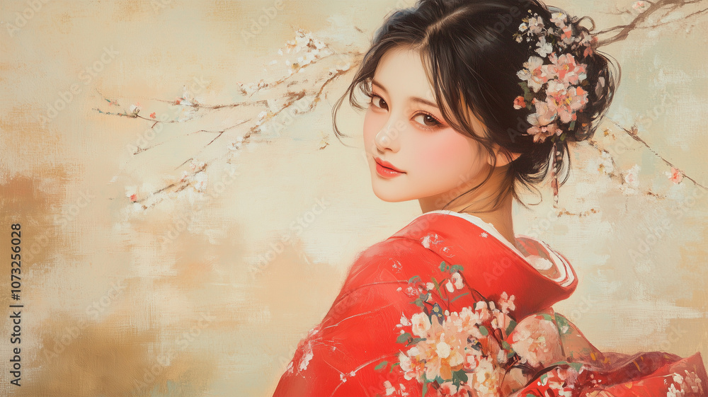 Fototapeta premium 優雅な表情の着物姿の日本人女性