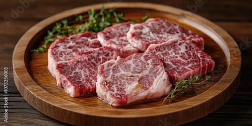 A plate of assorted raw meats including beef steak, pork chops, and lamb cuts, with fresh ingredients isolated on a white background