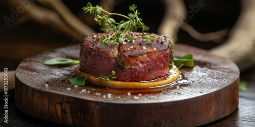 Grilled lamb chops with herbs and spices served on a wooden table
