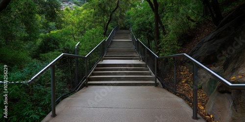 A wooden bridge and staircase trail in a lush forest pathway