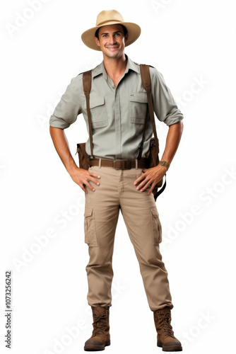 Full body shot of a friendly male safari guide in khaki attire and hat