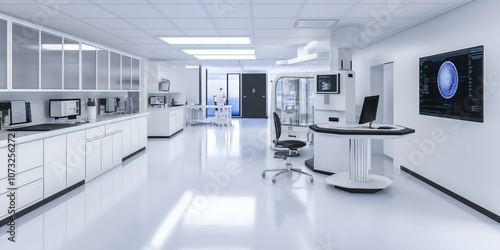 Futuristic scifi research room interior with hologram machine 3d rendering 