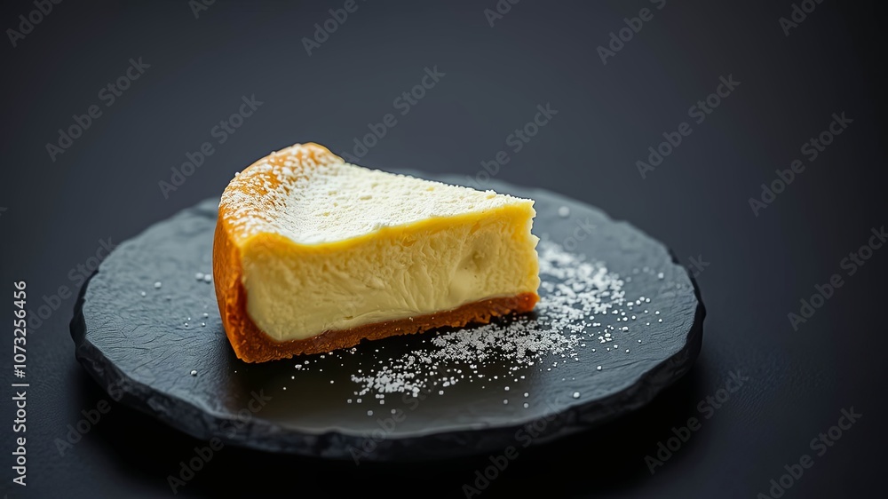 A slice of cheesecake with a dusting of powdered sugar on a black slate plate, perfect for a simple dessert or a celebratory occasion. A slice of cheesecake with a dusting of powdered sugar on a black slate plate, perfect for a simple dessert or a celebratory occasion.