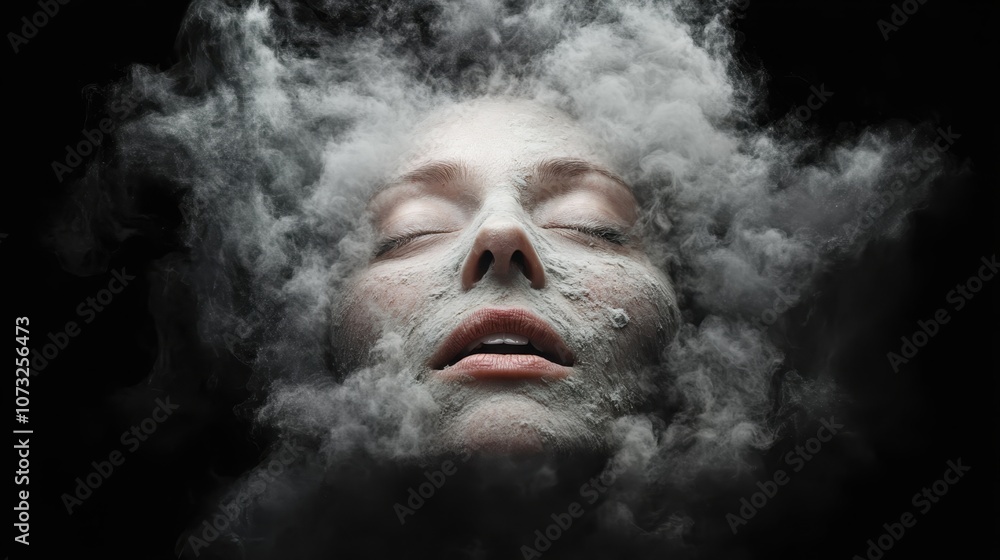 A peaceful face enveloped in swirling vapor suggesting introspection, featuring an abstract composition highlighting calm amidst a dynamic atmospheric presence. A peaceful face enveloped in swirling vapor suggesting introspection, featuring an abstract composition highlighting calm amidst a dynamic atmospheric presence.