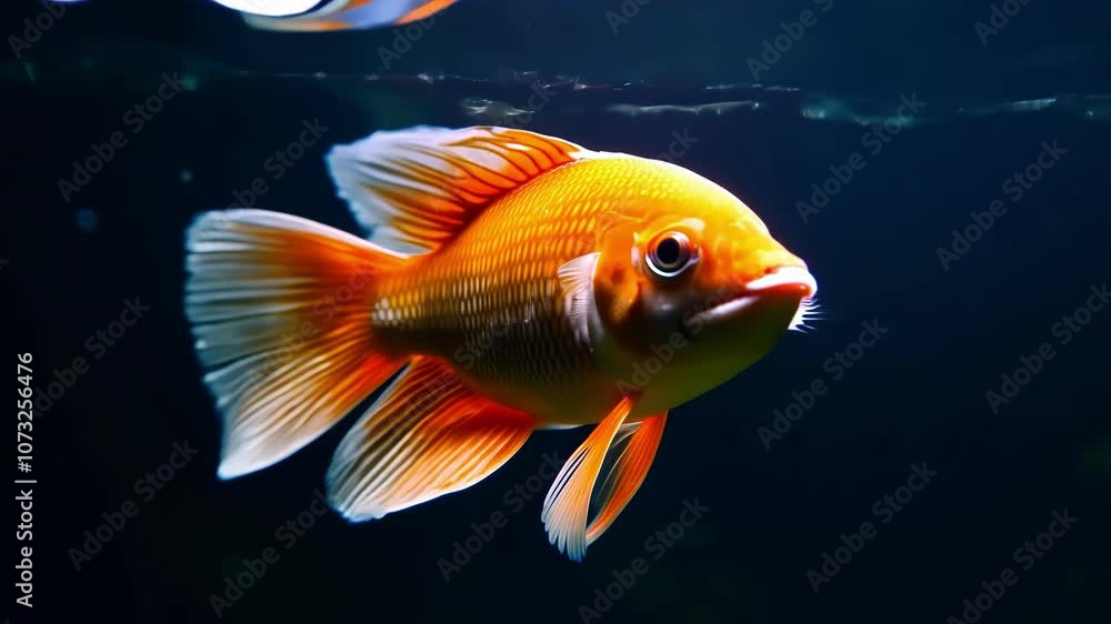 Close-up of an orange fish swimming against a blue background. The fish's vibrant colors and clear details create a serene underwater scene.