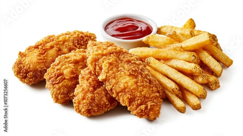 Crispy fried chicken tenders with golden french fries and a side of ketchup, isolated on a white background
