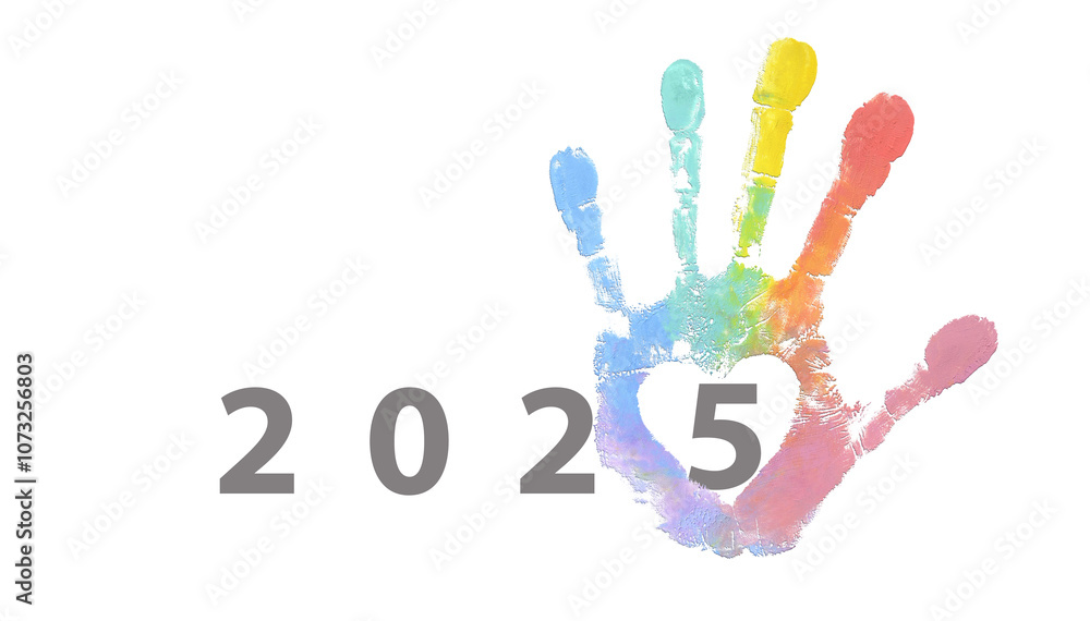 2025 year logo with rainbow hand imprint and heart for positive new year concept and valentines day. 2025 year logo with rainbow hand imprint and heart for positive new year concept and valentines day.